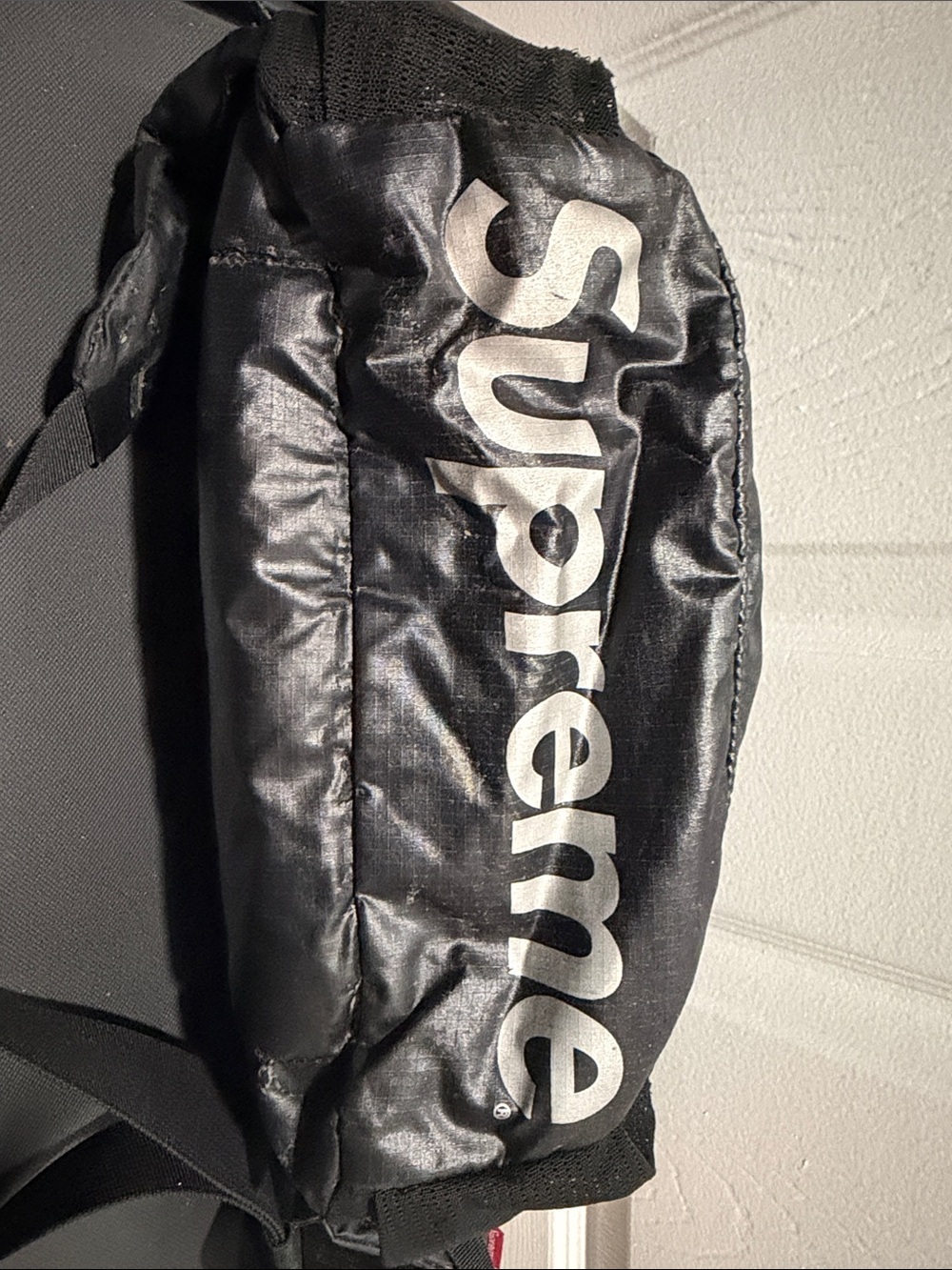 Supreme Black Waist Bag with White Vertical Logo